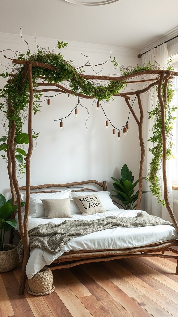 A cozy bed with a branch canopy, surrounded by greenery and soft lighting.