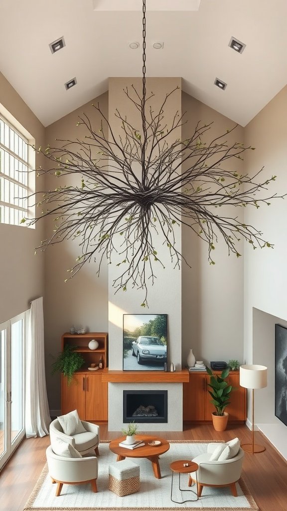 A nature-inspired chandelier resembling branches with leaves in a modern double-height living room.