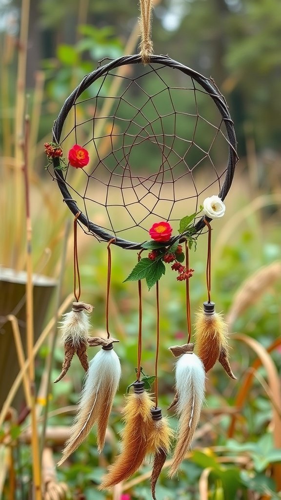 A nature-inspired dreamcatcher featuring a circular frame with decorative flowers and hanging feathers.