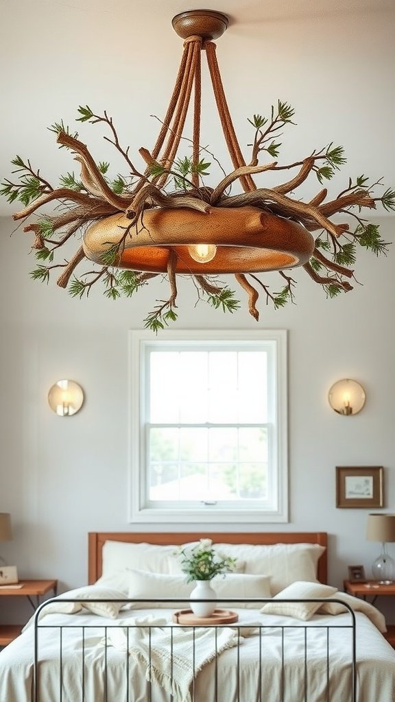 A nature-inspired chandelier resembling branches and leaves, creating an organic focal point in a bedroom.