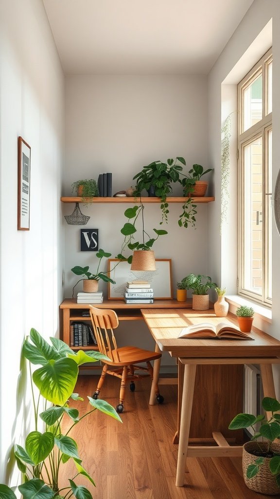 A cozy study nook with plants and a wooden desk