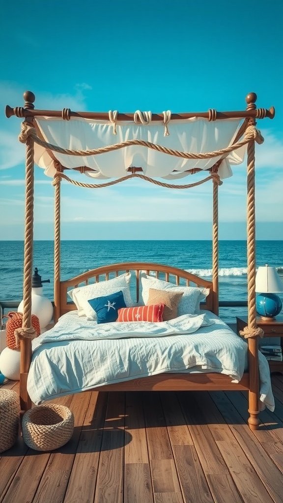 A wooden canopy bed with a nautical theme, decorated with rope and soft pillows, overlooking the ocean.