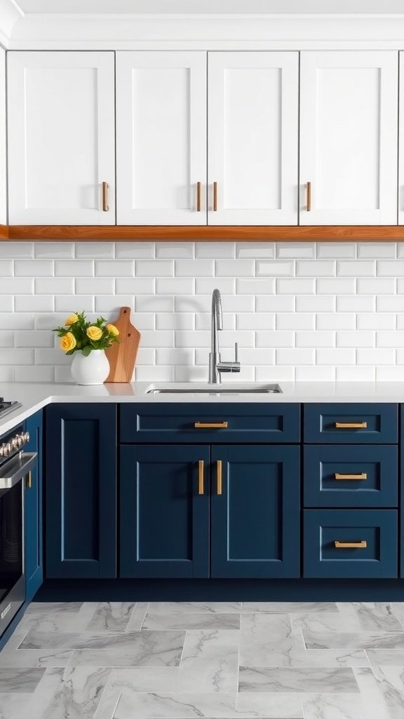 A beautifully designed kitchen featuring navy blue and white two-tone cabinets, with gold hardware and a clean white backsplash.