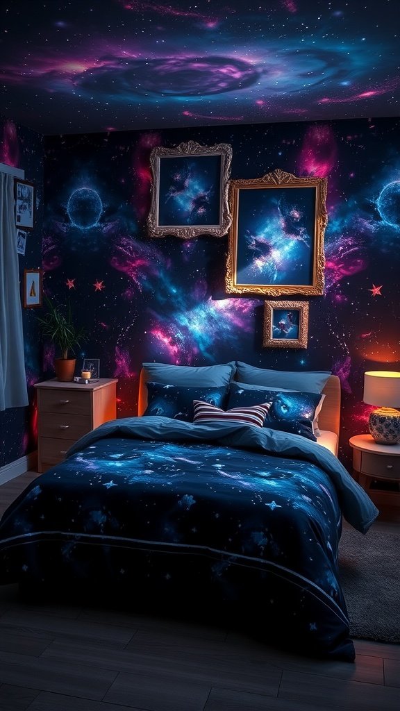 A space-themed bedroom featuring a starry ceiling and colorful nebula wall art.