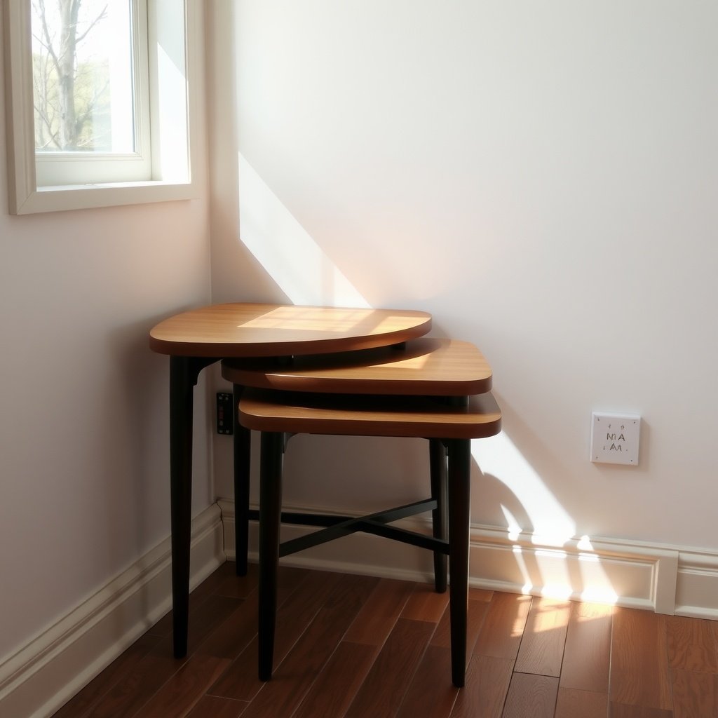 A set of nesting tables in a corner by a window