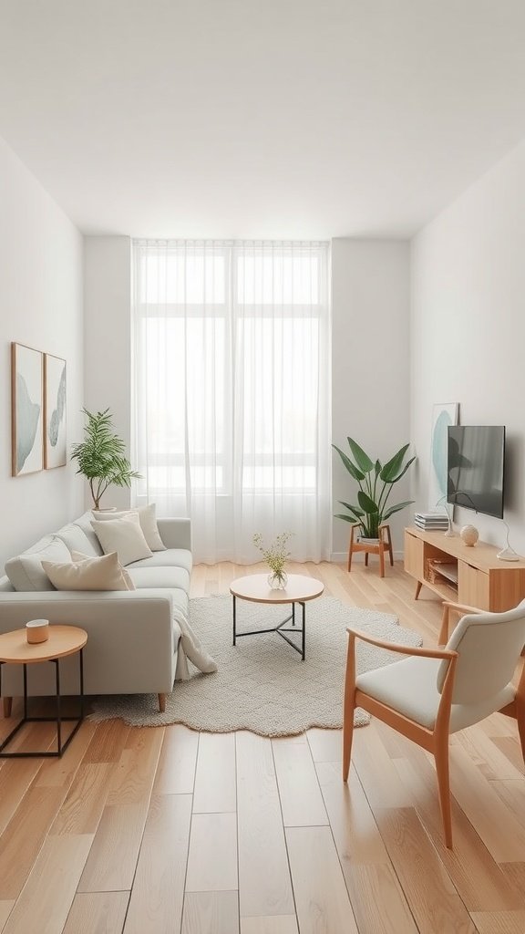 A minimalist living room featuring a neutral color palette, with a cozy sofa, wooden furniture, and plants.