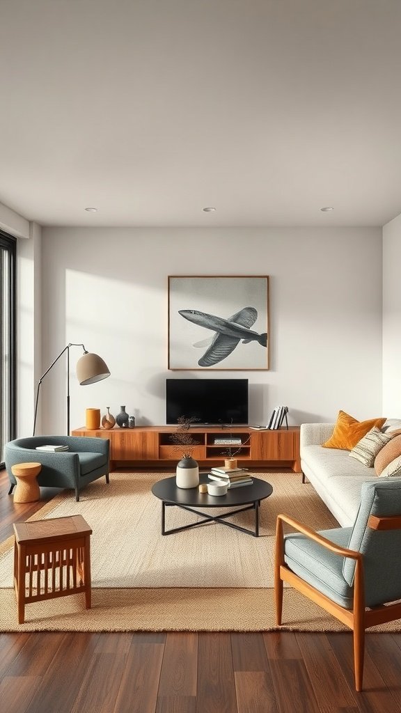 A modern living room featuring a neutral color palette with warm accents, showcasing a blend of Japandi and Scandinavian design elements.