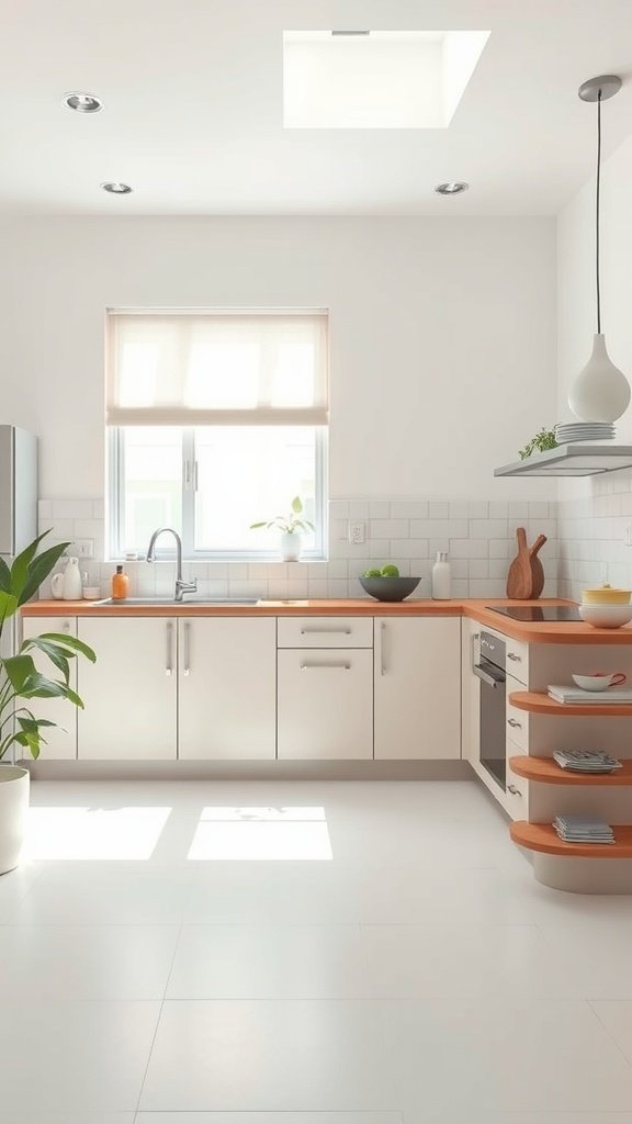 A modern minimalist kitchen featuring a neutral color palette with clean lines and smart storage solutions.