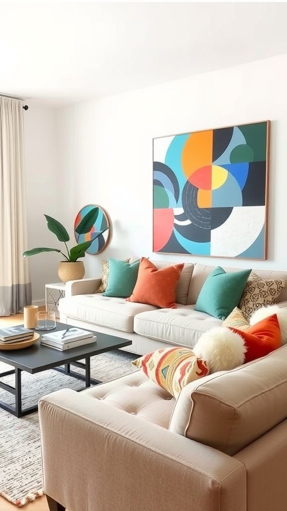 Modern neutral living room with colorful accents and artwork.