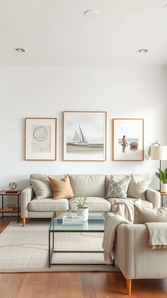 A serene neutral living room featuring art pieces in soft tones.