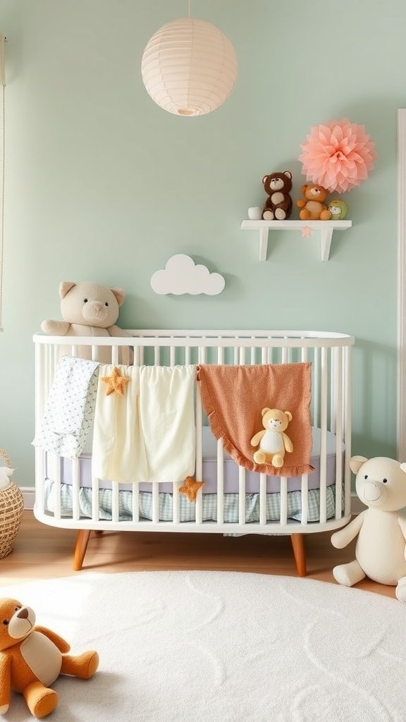 A cozy nursery featuring a non-toxic crib with playful designs and stuffed animals.
