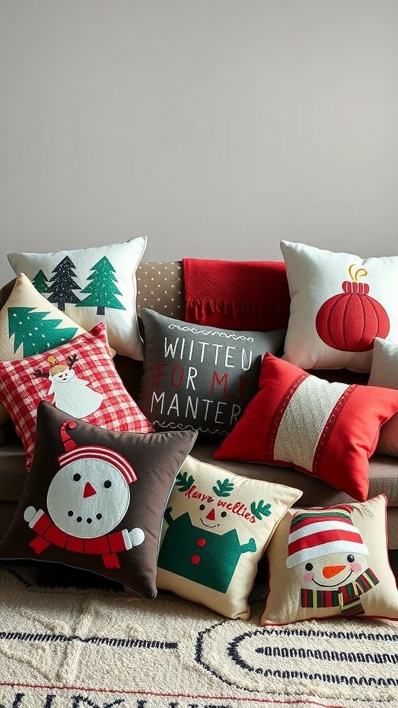A variety of winter-themed novelty pillows featuring snowmen, trees, and festive designs.