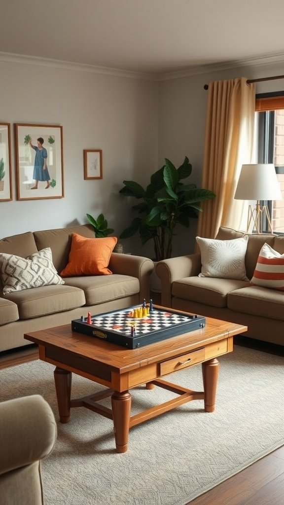 A cozy living room with a board game on the coffee table and vintage decor.