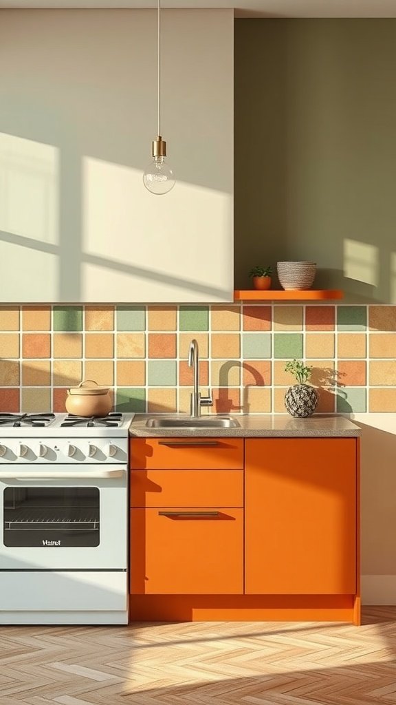 A kitchen featuring olive and terracotta colors with warm wood tones.