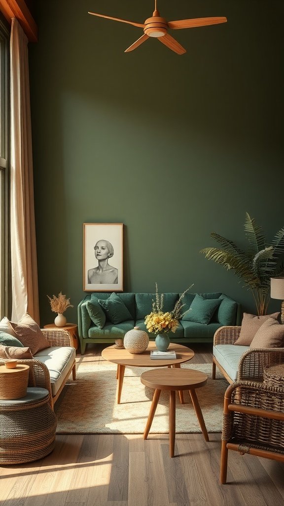 A cozy olive green living room with comfortable seating and natural decor.