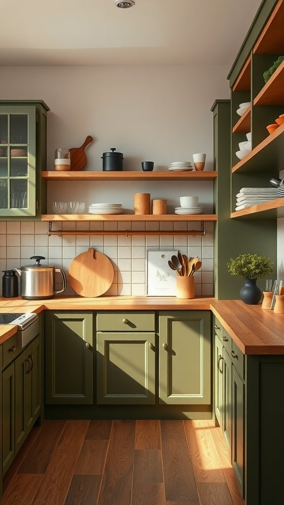 Kitchen featuring olive green cabinets and natural wood countertops.