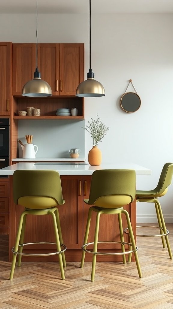 Olive green bar stools at a kitchen island with warm wood tones.