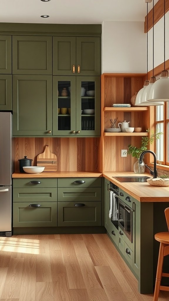 A kitchen featuring olive green cabinets, warm wood tones, and a bright window.