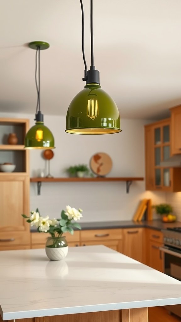 Olive green pendant lights hanging in a warm wooden kitchen setting