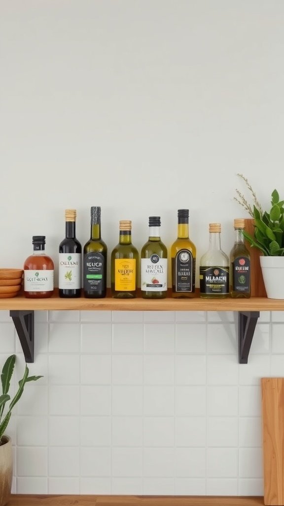 A display of various olive oil bottles on a wooden shelf with a light background.