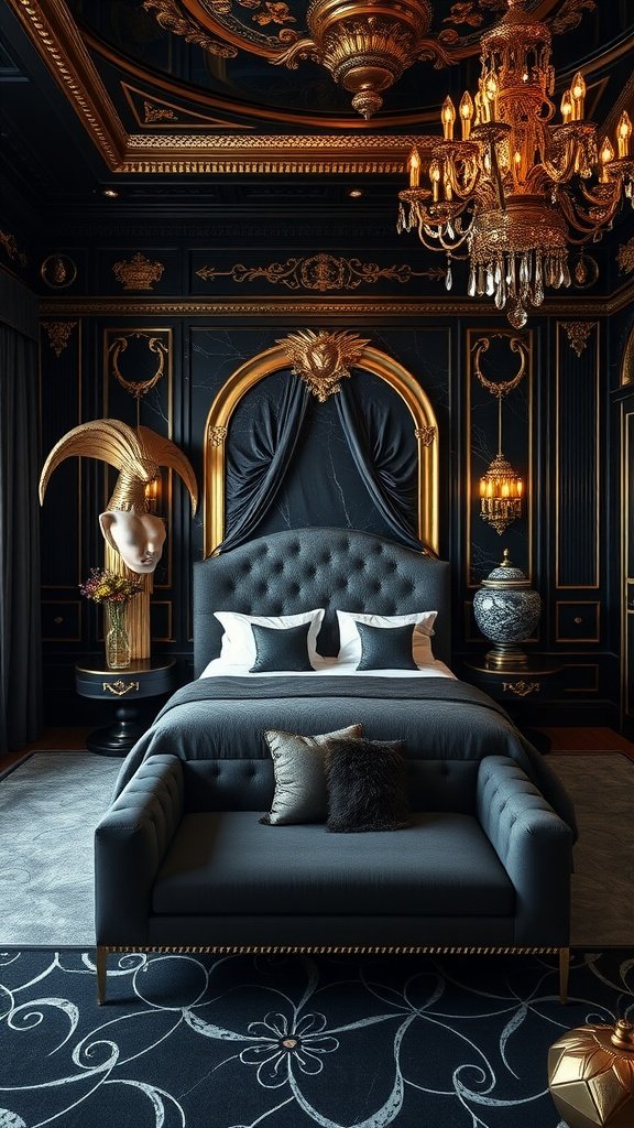 A luxurious bedroom featuring a black and gold color scheme with elegant decor.