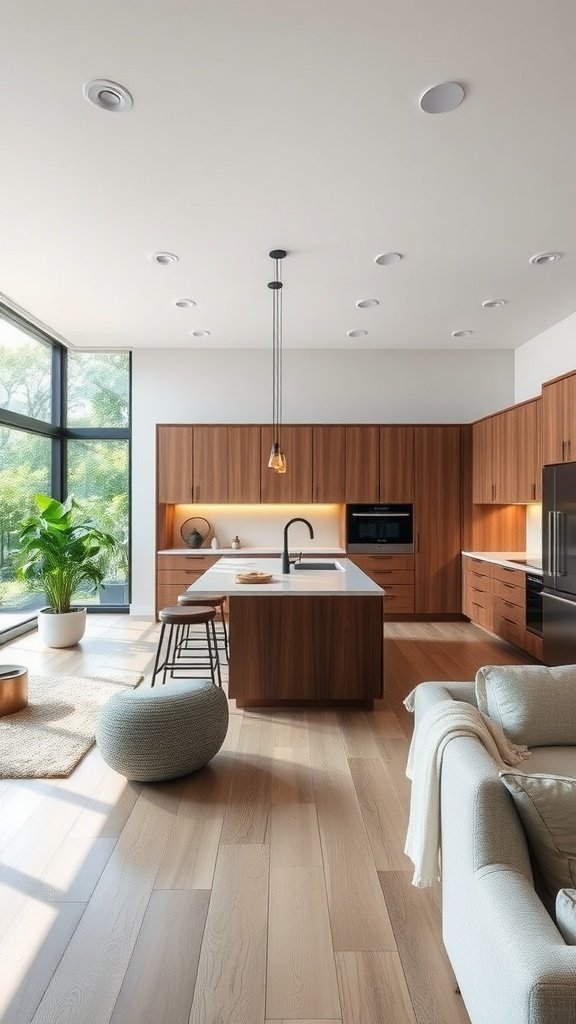 A modern open-concept kitchen with wooden cabinets and an island, featuring natural light and a cozy atmosphere.