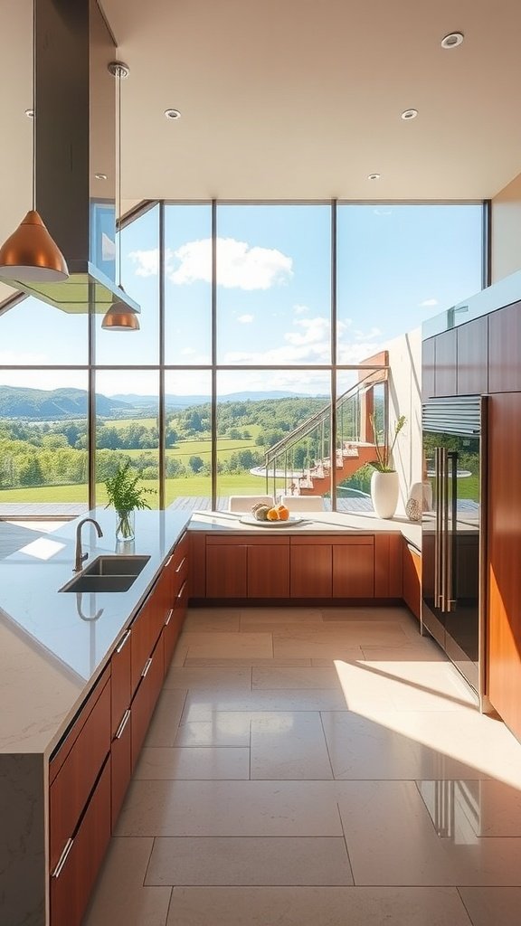 A modern kitchen with large windows showcasing scenic views.