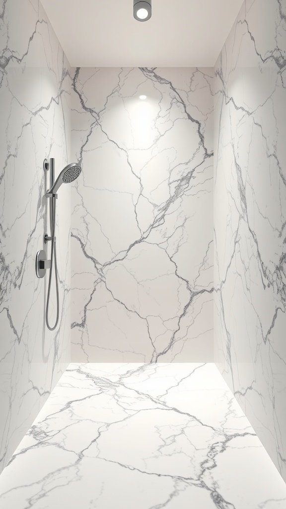 An open concept shower area featuring sleek marble veining on the walls and floor.