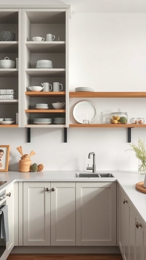 A modern minimalist kitchen featuring open shelving with plates and glassware.
