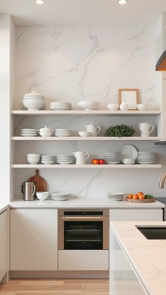 Modern kitchen with open shelving displaying dishware and a marble countertop.