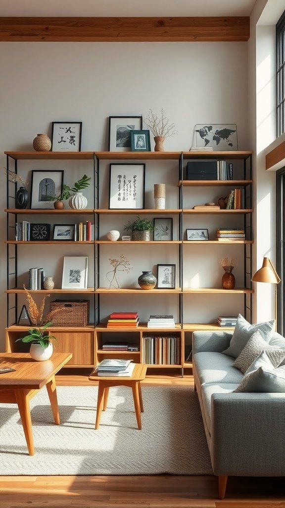 A stylish living room with open shelving displaying decorative items and books.