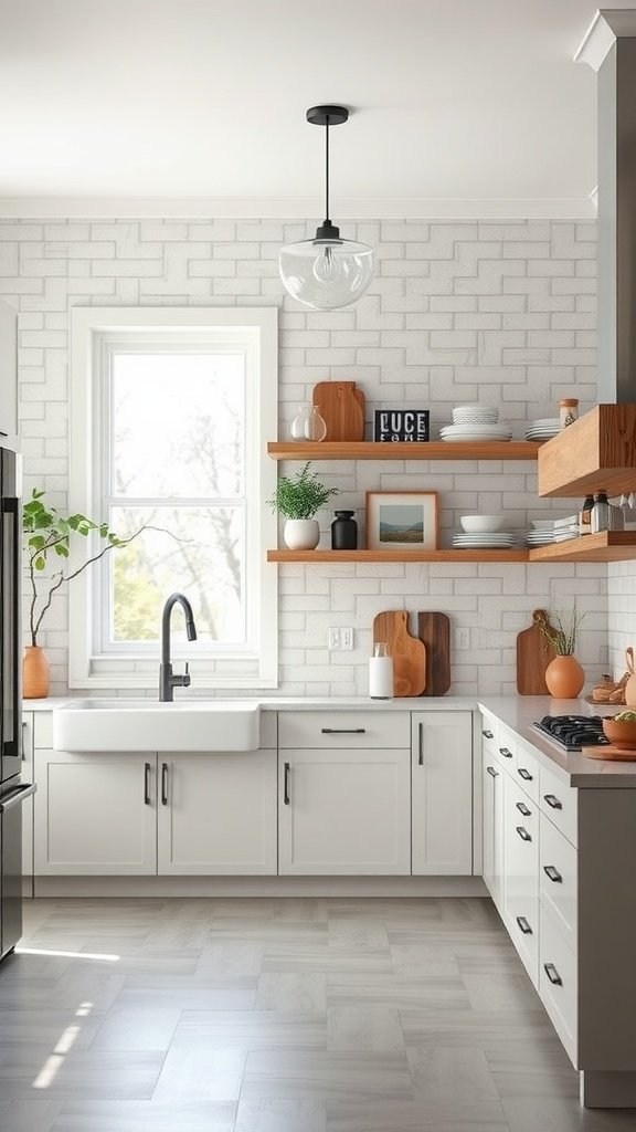 A bright, modern kitchen with open shelving displaying dishes and decorative items.