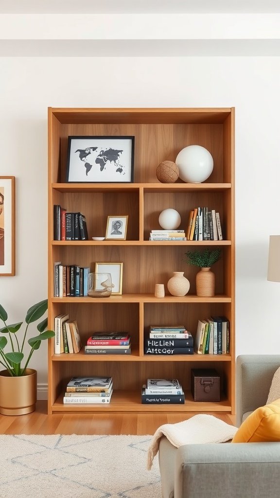 Open shelving unit displaying books, decor items, and plants in a living room setting.