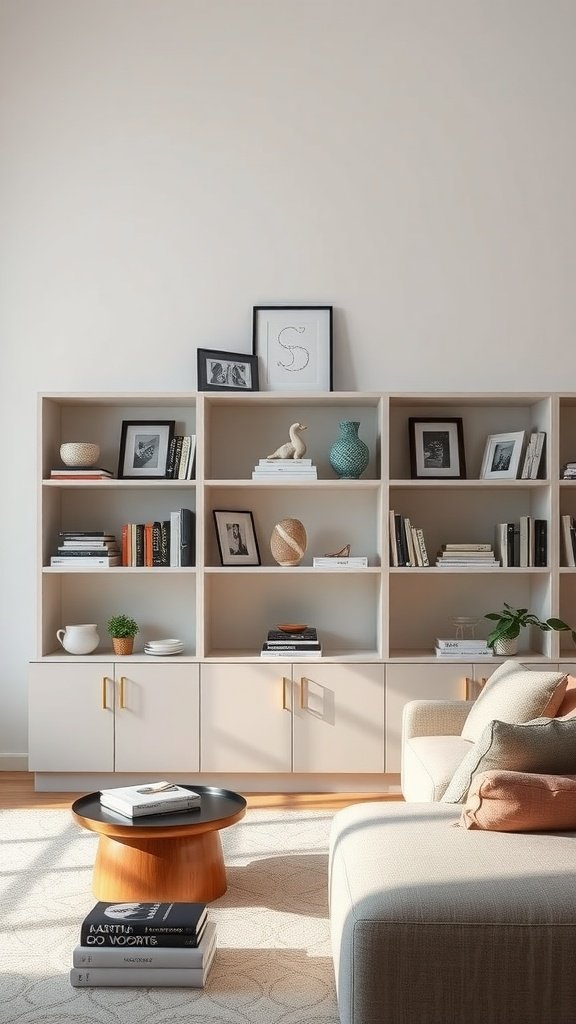 A minimalist living room with open shelving units displaying books and decorative items.