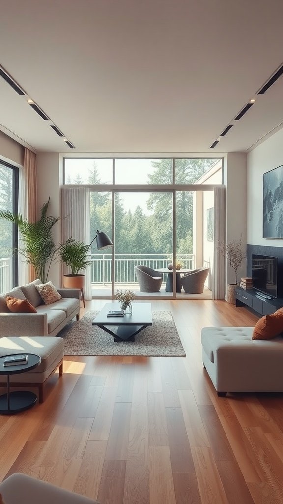 A modern living room with large windows, comfortable seating, and a minimalist design.
