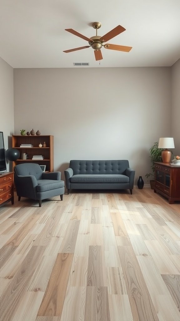 A cozy bedroom with a corner furniture arrangement featuring a gray couch and chair, wooden flooring, and soft lighting.