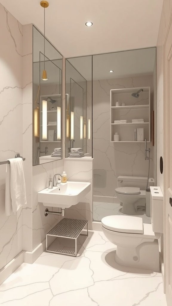 A stylish small bathroom featuring large mirrors that enhance the feeling of space.