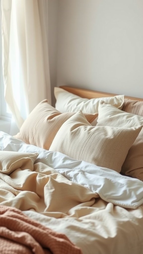 A bed with organic cotton pillows in earthy tones.