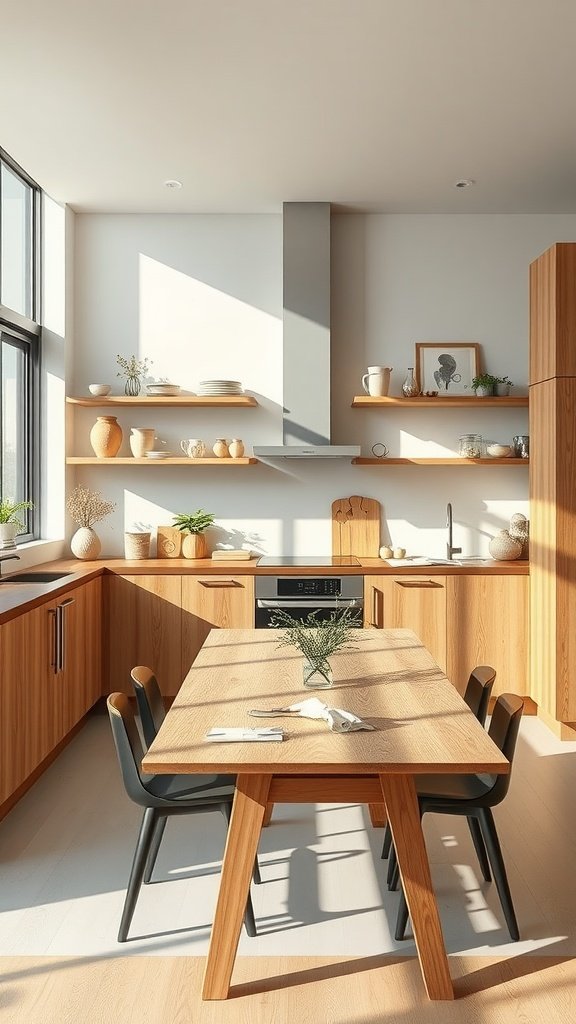 A modern kitchen featuring wooden cabinets and a dining table, illuminated by natural light.