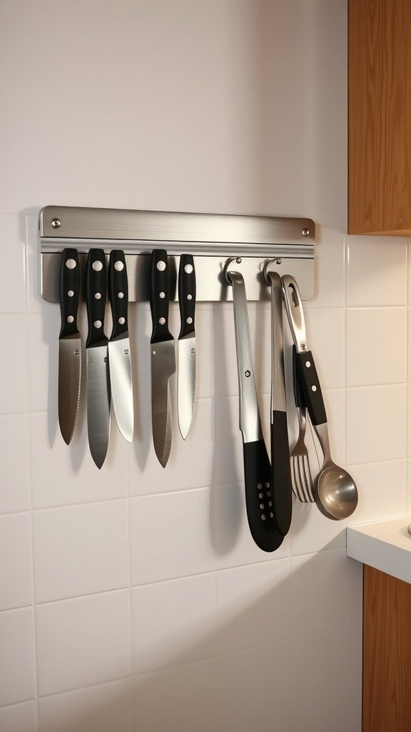 A magnetic strip holding various kitchen knives and utensils on a wall.