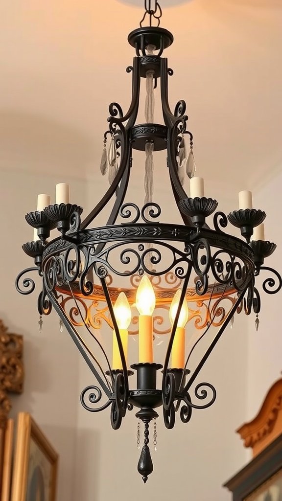 A vintage-style chandelier with ornate metalwork and warm candle-like lights.