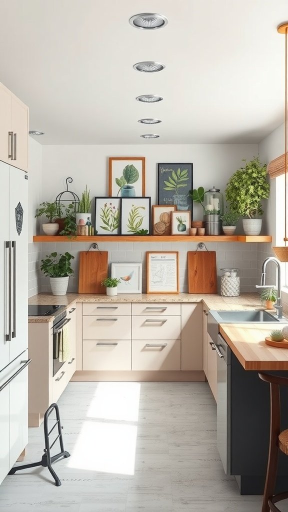 A modern kitchen featuring natural textures, plants, and light-colored cabinets.