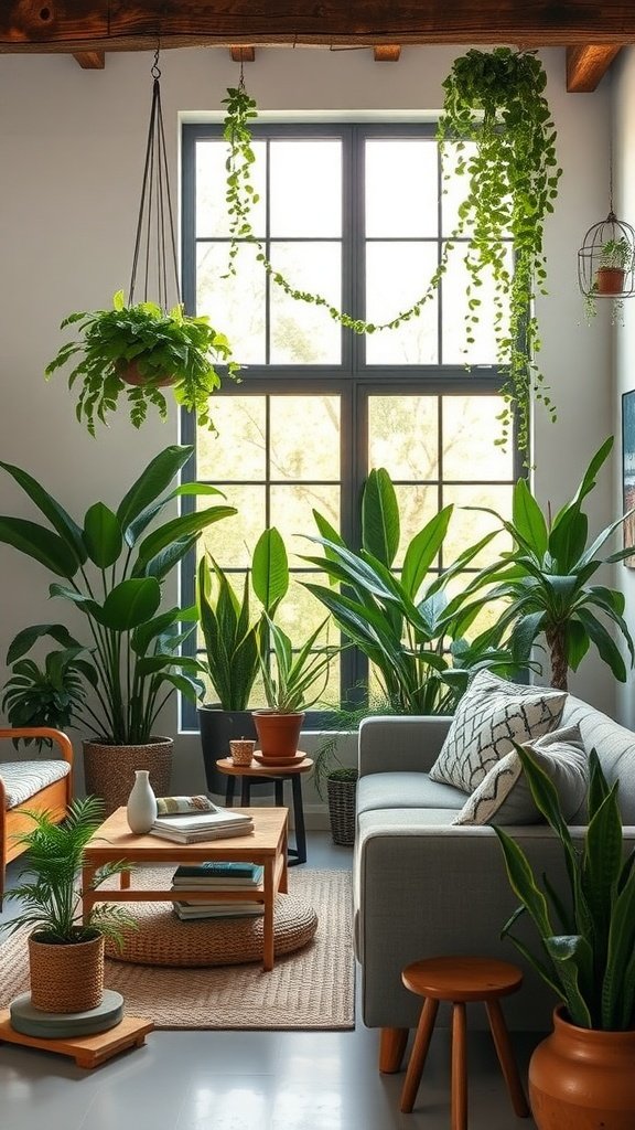 Cozy rustic living room filled with various indoor plants, featuring a mix of hanging and potted greenery.