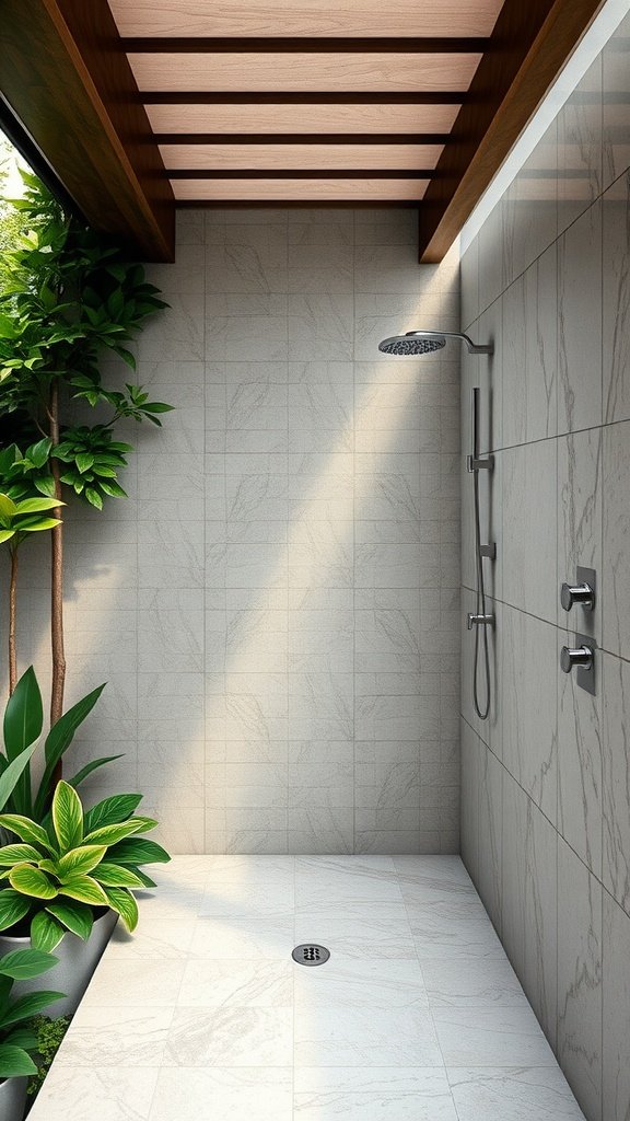 An outdoor-inspired marble shower featuring sleek marble veining and greenery.