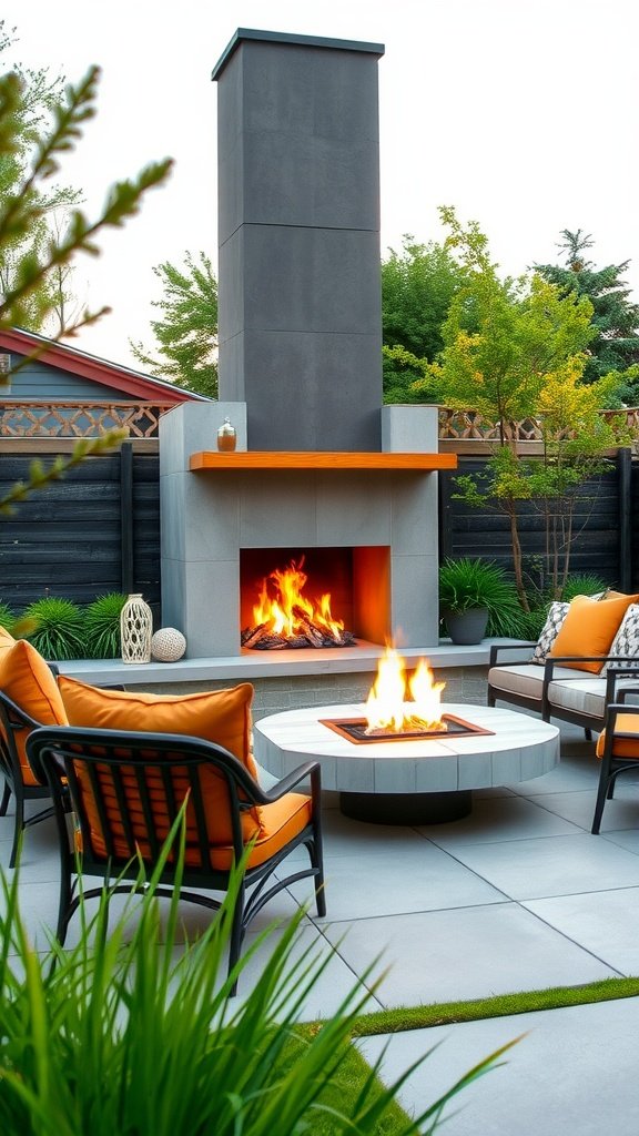 A modern outdoor fireplace with a tall chimney, surrounded by comfortable seating and a firepit.