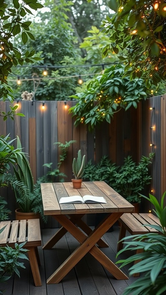 A cozy outdoor study nook featuring a wooden table, plants, and string lights.