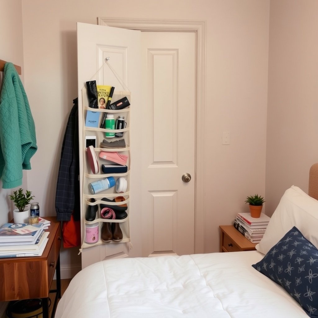 An over-the-door organizer filled with shoes, stationery, and other items.