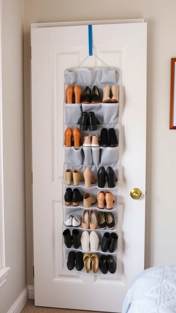 A gray over-the-door shoe organizer filled with various styles of shoes.