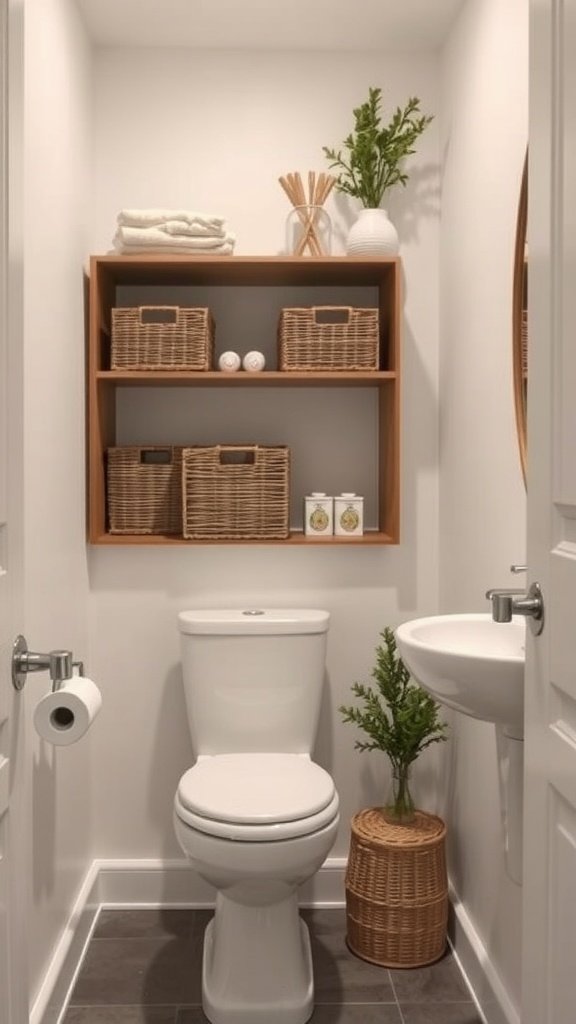 A narrow bathroom featuring an over-the-toilet shelf with towels and decorative items.