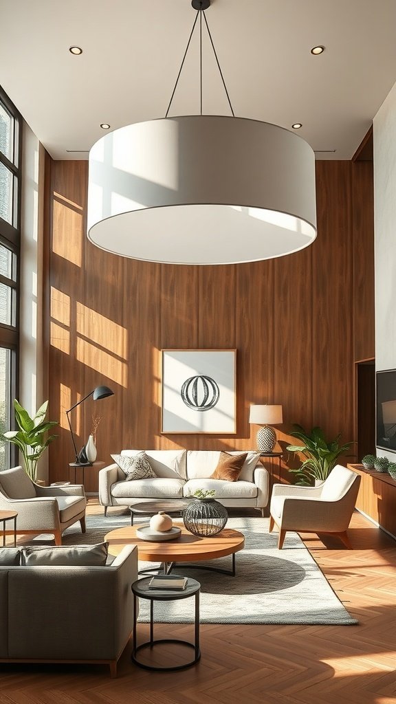 A spacious living room with a large drum shade pendant light, stylish furniture, and natural light.